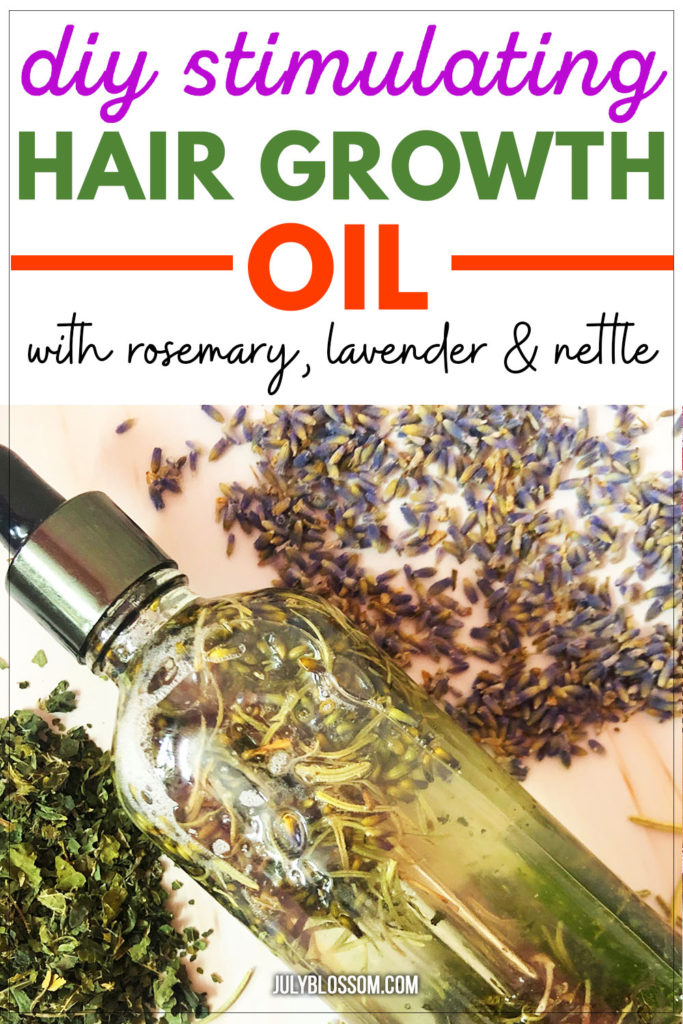 This DIY stimulating hair growth oil features three powerful hair growth herbs: rosemary, lavender and nettle! 