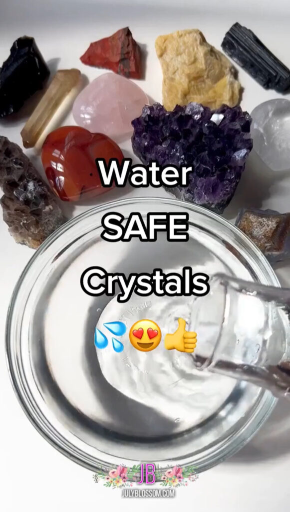 Water-Lovers: Crystals that Can Go in Water

These crystals are generally safe in water because they're hard (typically over 5 on the Mohs hardness scale), non-toxic, and won't dissolve or rust when they come into contact with water. You can charge them in fresh water, river water, spring water, rain water and moon water. If there's a crystal that does okay in the sun and in water, you can even charge it in sun water!